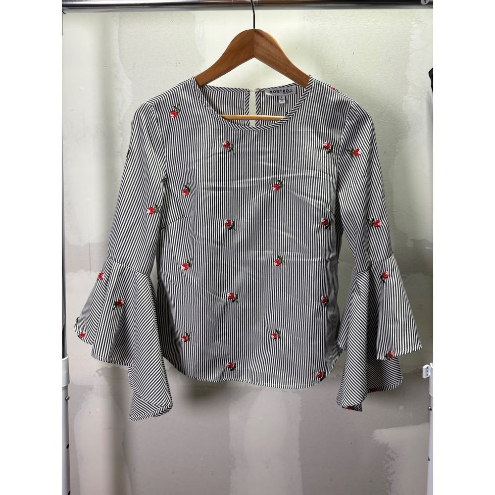 Kontrol Contemporary Womens Small Striped Rose Embroidered Bell Sleeve